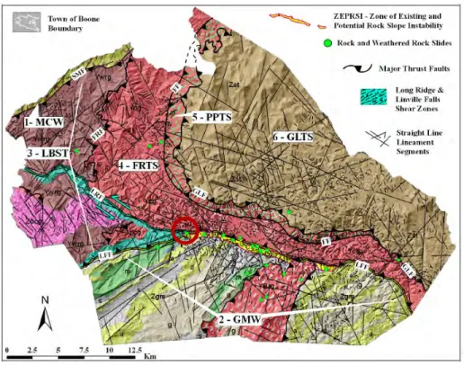 Figure	2:	Map	of	Watauga	county	showing	geologic	units	and	lineaments.	(Gillon	et	al.,	2009) 