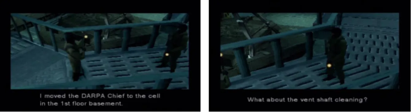 Fig. 2 (top left) and Fig. 3 (top right). Two guards speak to one another. These two angles are unbroken by a cut  Fig