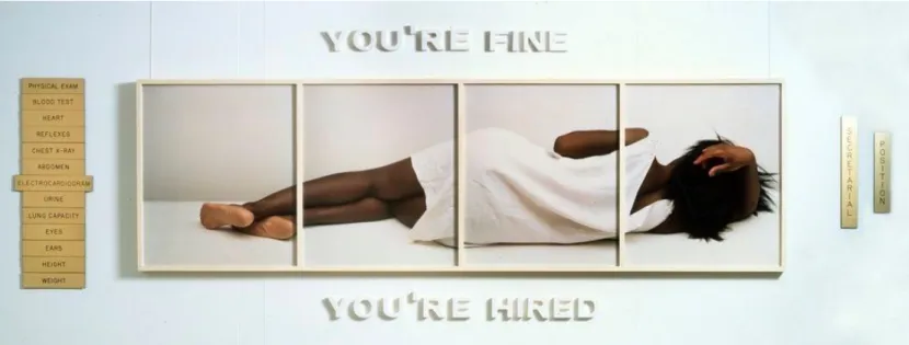 Figure 1: Lorna Simpson, You’re Fine, 1988, 4 dye diffusion color Polaroid prints (1 framed  panel), 15 engraved plastic plaques, ceramic letters, 39 x 108.125 x 1.625 inches