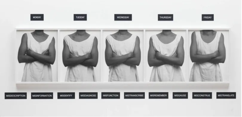 Figure 2: Lorna Simpson, Five Day Forecast, 1988, 5 silver gelatin prints, in one frame, 15 en- en-graved plastic plaques, 20 x 24 inches