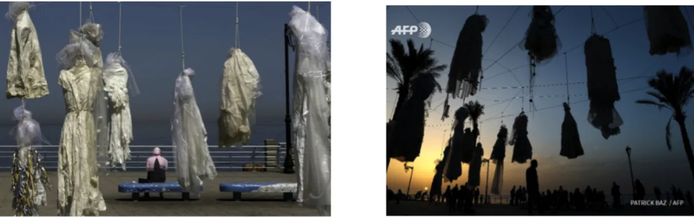 Figure 5. &amp; Figure 6. Mireille Honeïn’s installation on the Beirut Corniche, 2017 (BBC, Patrick Baz)