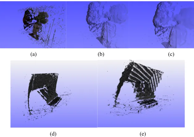Figure 1.8. (a) General view of reconstructed 3D object; (b) closer view of points in point  cloud which are without regularization; (c) closer view of points in point cloud which  are  processed  by  the  global  regularization  algorithm;  (d)  is  the  