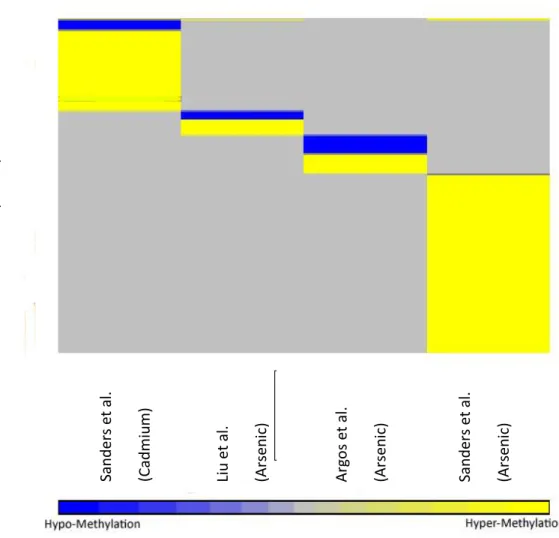 Figure 2. Heat map of genes by study type and direction of methylation 