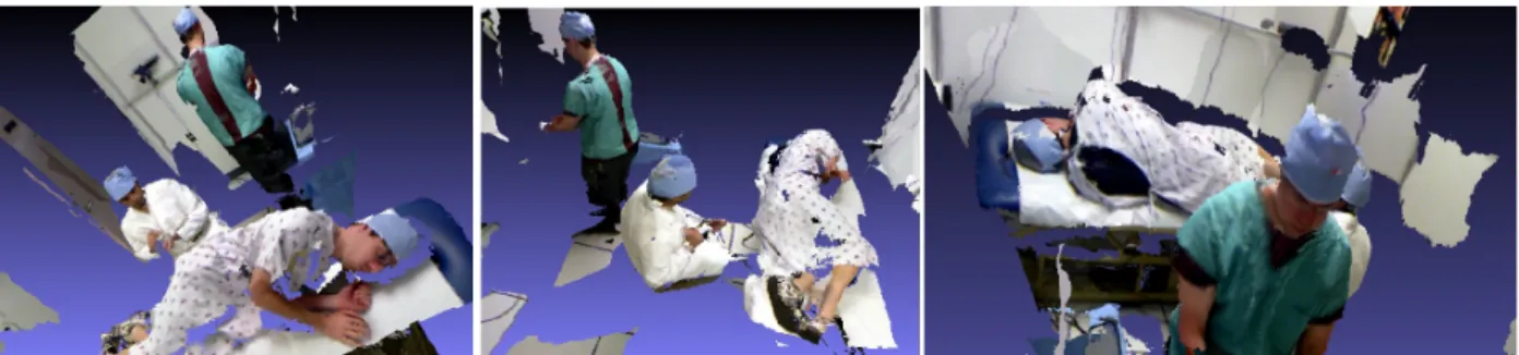 Figure 9: Three different views of the same 3D reconstruction of a single frame before residual  background data is segmented out.