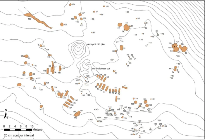 Figure 6. Site map of Ayers Town indicating locations of features. Adapted from Davis et al