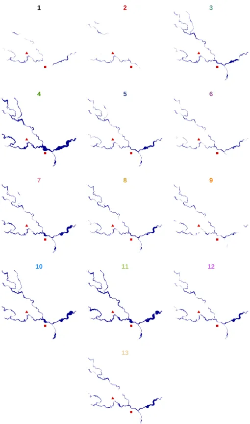 Figure 3.1: Variation in network connectivity and width across all surveys. This figure shows a subset of the basin to highlight fine-scale variations in width