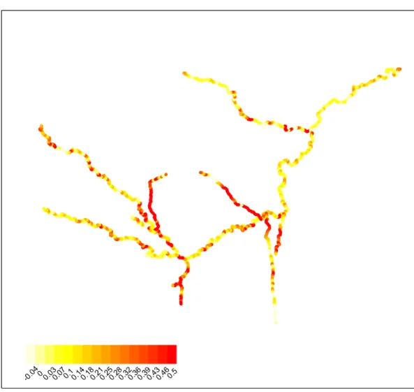 Figure 4.2: Map of b-values calculated for Equation 1.1 using the downstream discharge for every point in the stream network