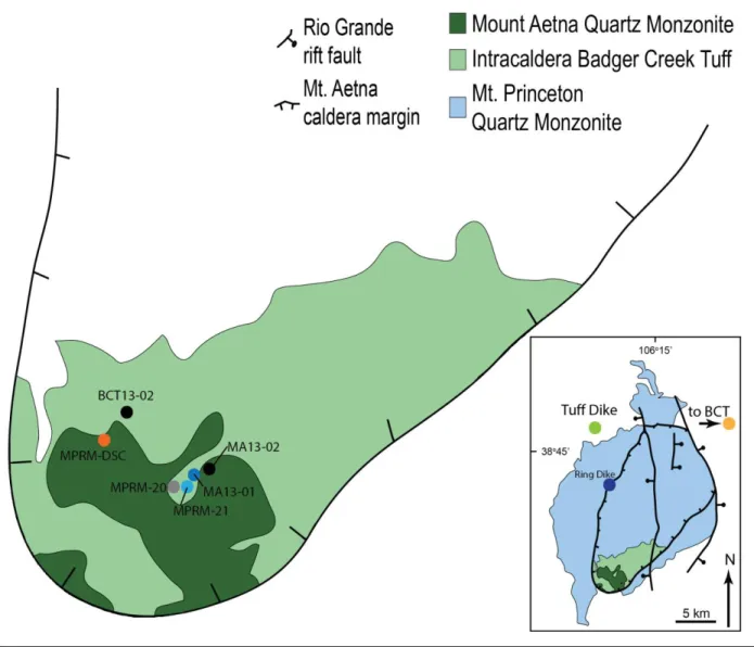 Figure  1.  Simplified  geologic  map  of  the  Mount  Aetna  caldera  including  sample  locations  (modified from Shannon, 1988; Mills and Coleman, 2013)