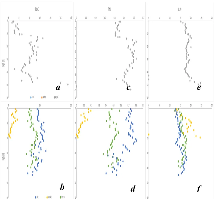 Figure 3 – Total Organic Carbon (a,b), Total Nitrogen (c,d), and the ratio of TOC to TN (e,f) as  a function of depth to scale between sites and cores
