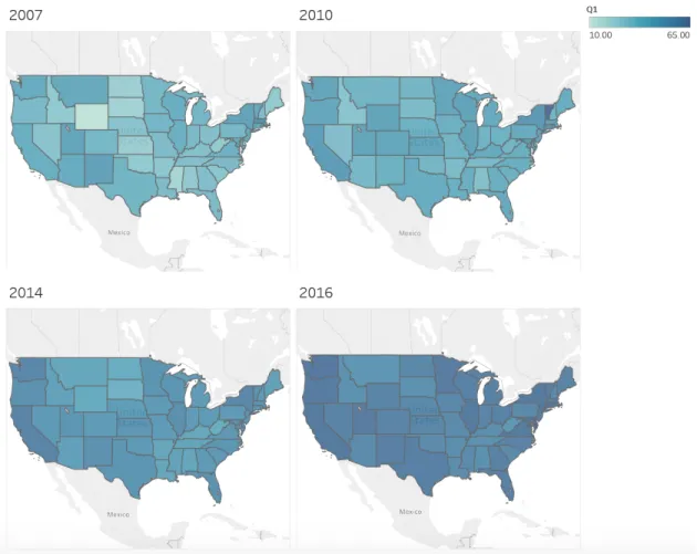 Figure 4. Geographic visualization of public support for granting legal status per wave of the CCES 