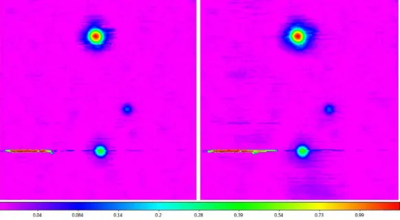 Fig. 15.— 20-meter L-band raster from Figure 15 background-subtracted, with 7- (left; Table 1) and 24- (right) beamwidth scales (the map is 24 beamwidths across)