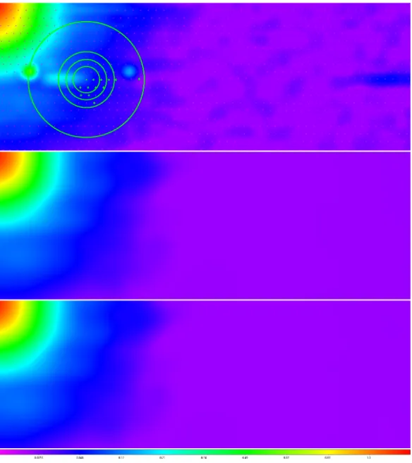 Fig. 25.— Top: Zoom-in of the first panel of Figure 24, but in 2D. Purple dots mark observation points