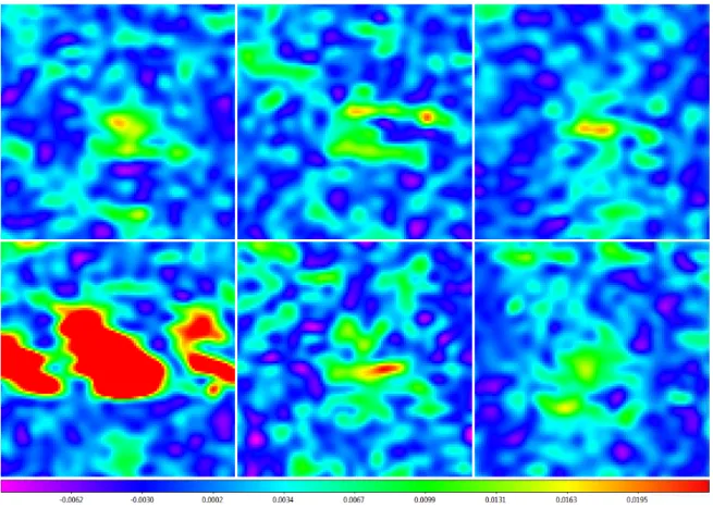 Fig. 28.— Six background-subtracted mappings of Jupiter, acquired with the 20-meter in L band, using 1/5-beamwidth rasters