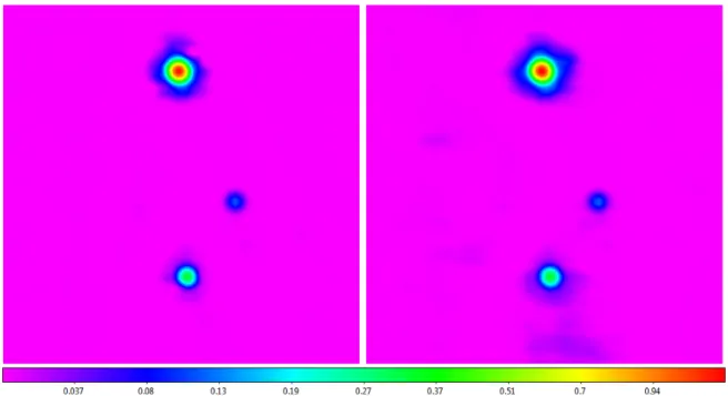 Fig. 30.— 20-meter L-band raster from Figure 5 background-subtracted, with 7- (left; Table 1) and 24- (right) beamwidth scales (Figure 15), and RFI-subtracted, with a 0.9-beamwidth scale (Table 2)