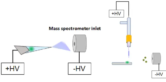 Figure 1. On left, the schematic diagram of the gas phase ion flow in PSI is shown. On right, the  schematic diagram of the gas phase ion flow in LTPI is shown