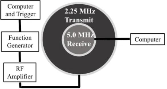 Figure 2:  Transducer Alignment and Electronic Set-up.  The outer 2.25 MHz transducer transmitted the waveforms