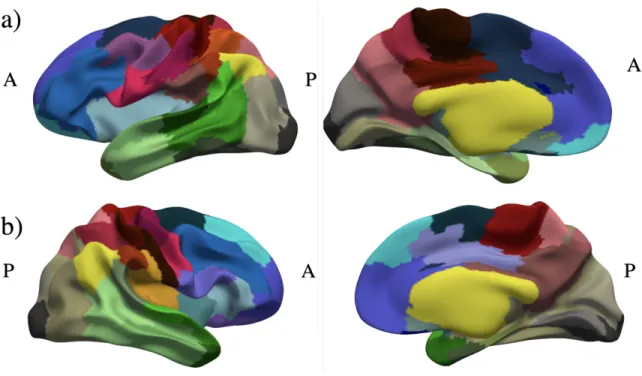 Figure 8: Parcellation result calculated using ψ’s with N clust = 80 manually color-mapped onto the a) left hemisphere and b) right hemisphere of the smoothed group average white matter surface.