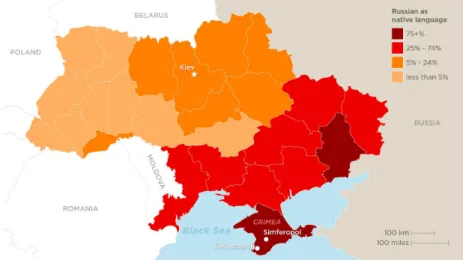 Figure 7: Location and Prevalence of Native Russian language in Ukraine  Source: Editors of CNN World, ​A Divided Ukraine: The Language  ​ (2014)   