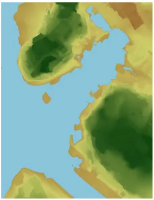 Figure 20. Map A: The Tiber at 10 masl (Ordinary Flood). The following flood maps include more area (The  Aventine is at lower left) to show the extent of large floods with the sides of the figure oriented to the cardinal 