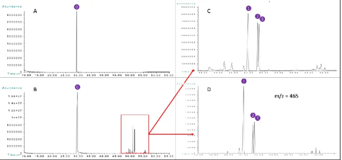Figure 2: (A): GC/EI-MS trace for erythritol (300 ppm) control. (B): GC/EI-MS trace  for 17 hr reaction mixture