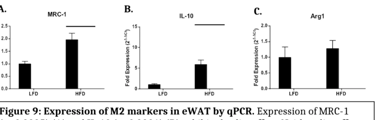 Figure 9: Expression of M2 markers in eWAT by qPCR. Expression of MRC-1  (p=0.0005) (A) and IL-10 (p<0.0001) (B) exhibited a diet effect