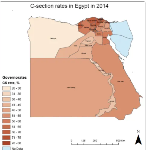 Fig. 1 C-section rates in Egypt by governorate according to EDHS 2014. We generated the map of Egypt using ArcMap 10.6 to depict thedistribution of CS rates by governorate