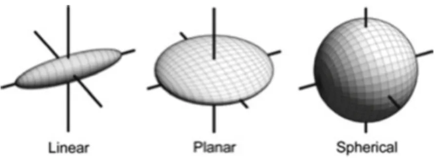 Figure 2.2: Diffusion tensor ellipsoid shapes with various magnitudes of eigenvalues 
