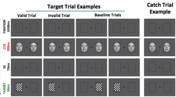 Figure	  1.	  Examples	  of	  stimulus	  displays	  presented	  in	  different	  types	  of	  trials;	  examples	  of	  target	  trials	  (first	  four	  columns)	   with	  fearful-­‐neutral,	  neutral-­‐fearful,	  fearful-­‐fearful,	