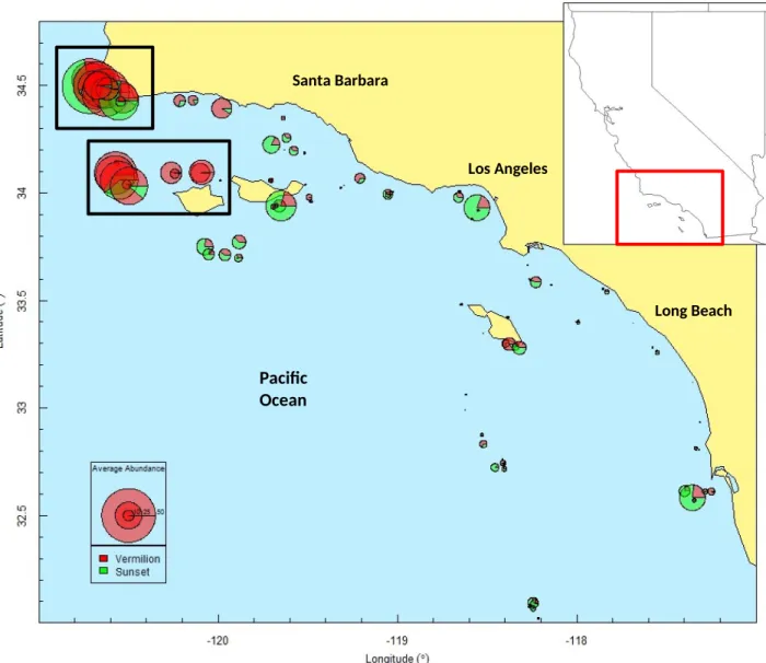 Figure 5: Sampling sites in the Southern California Bight. Each site is represented by a pie chart representing the  proportion of Vermilion (red) and Sunset (green) Rockfish, scaled to reflect abundance