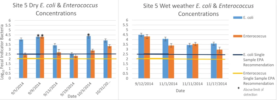 Figure 10: Average MPN fecal indicator bacteria log transformed for Site 5 on each  sample date separating dry and wet weather