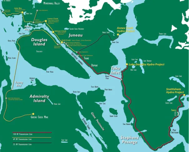 Figure 3. Map of the generating facilities and transmission lines of AEL&amp;P for Juneau (33)