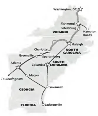 Figure 5. Possible route for high-speed rail line across the Southeast. Image courtesy of Terry Chastain.
