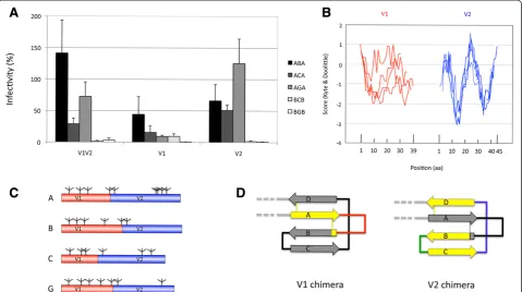 Figure 4 Implication of variable domains V1 and V2 in the loss of functionality of the chimeras.glycosylation potential >0.5, as predicted according to the Server NetNGlyc 1.0 [64] in V1 or V2 are indicated in the red and blue regions,respectively.chimeras