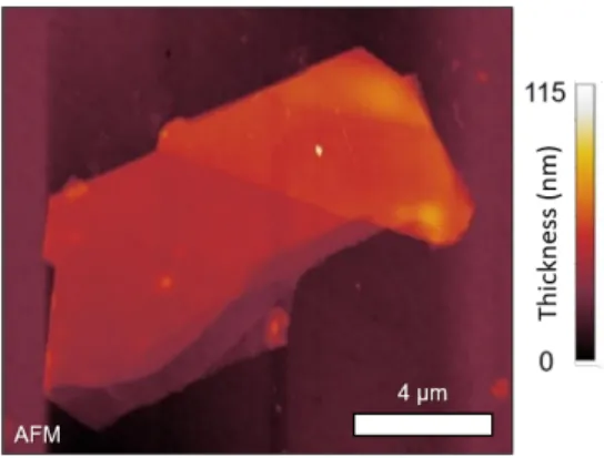 Figure 1: An atomic force microscopy image of a WS 2 nanoflake [6]. The colorbar to the right of the image shows the range of flake thickness