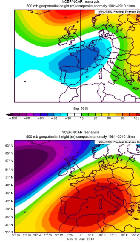 Figure 13. Geopotential height anomalies at 500 hPa for September2015 and for November 2015–January 2016, referring to the refer-ence period 1981–2010 (source NCEP/NOAA reanalysis).