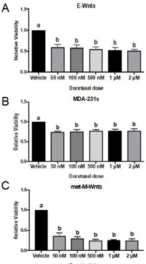 Figure 7. (A) E-Wnt (B) MDA-MB-231, and (C) Met-M-Wnt cell response to docetaxel in vitro  was assessed by MTT assay