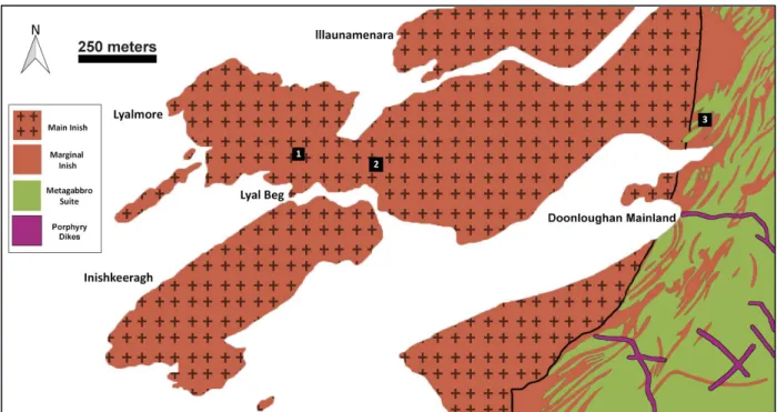 Figure 1. Geology of the main and marginal Inish Granite, as well as the Errismore metagabbro                 sheet to the East of the sampling site