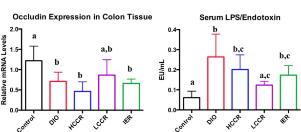 Figure 10: Relative mRNA occludin expression (a) in colon tissue and serum LPS (b). 
