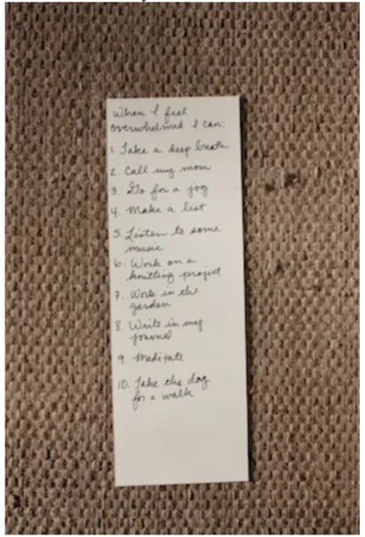 Figure	  4	  The	  back	  of	  the	  bookmarker	  has	  a	  list	  of	  things	  to	  do	  when	  feeling	  anxious.	   	  