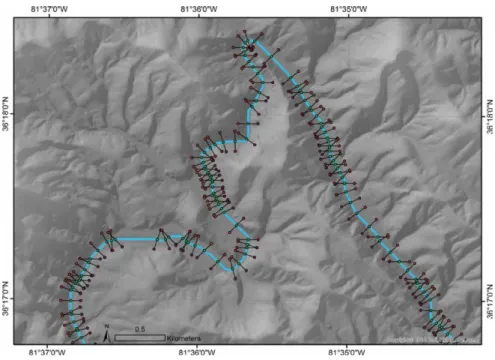 Figure 3. I located channels of interest using a USGS streams and rivers shapefile and  created representative polylines using the cost path tool, available in ArcMap