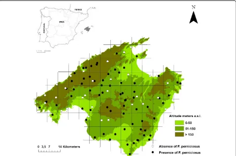 Figure 1 Sampling sites in Majorca showing the presence/absence of P. perniciosus and altitudinal ranges of the island.