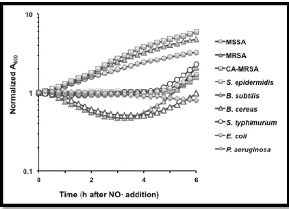 Figure 1.  Staphylococcus aureus is uniquely resistant to    NO• stress (Richardson lab, unpublished)