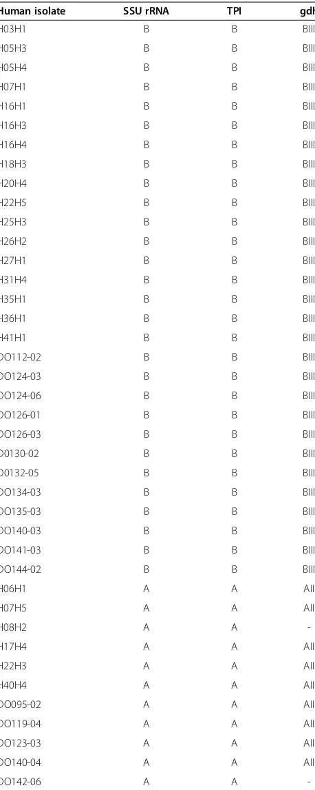 Table 3 Summary of genotype results of Giardiarecovered from humans at three different loci (A dashindicates unsuccessful PCR amplification or sequencing isolatesof the isolate)