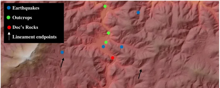 Figure 17: Doc’s Rocks storefront in relation to earthquakes and outcrops 