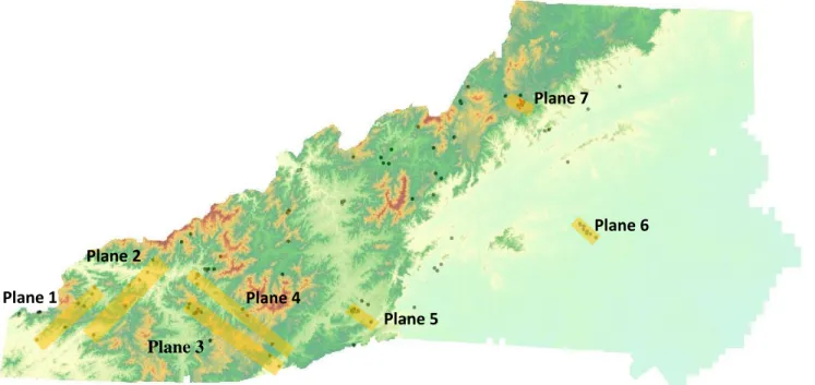 Figure 1:  DEM of western North Carolina. Planes 1 – 6 represent the intersection of best-fit planes  through earthquake hypocenters
