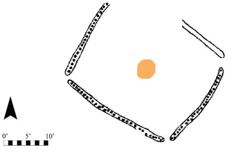 Figure 15. Feature 4a, Mound B, Zone 1, Gordon site. A hearth, possibly associated, is colored orange