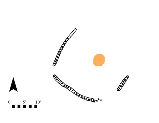 Figure 16. Feature 4b, Mound B, Zone 1, Gordon site. A hearth, possibly associated, is colored orange