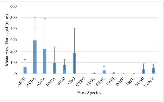 Figure 1. Comparison of damage between species, with standard error bars. The differences in damage between the  plant species are not statistically significant