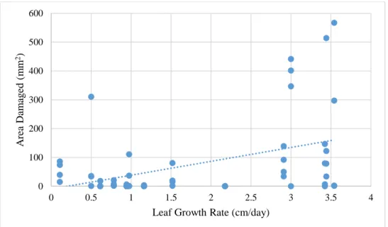 Figure 7. Comparison between damage and leaf growth rate, with linear regression. Leaf growth rate significantly  contributes to the variation in damage (p<0.05)