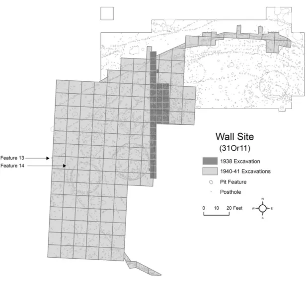 Figure 3. Excavations at the Wall site, 1938-1941. Two cob pits (Features 13 and 14) are identified